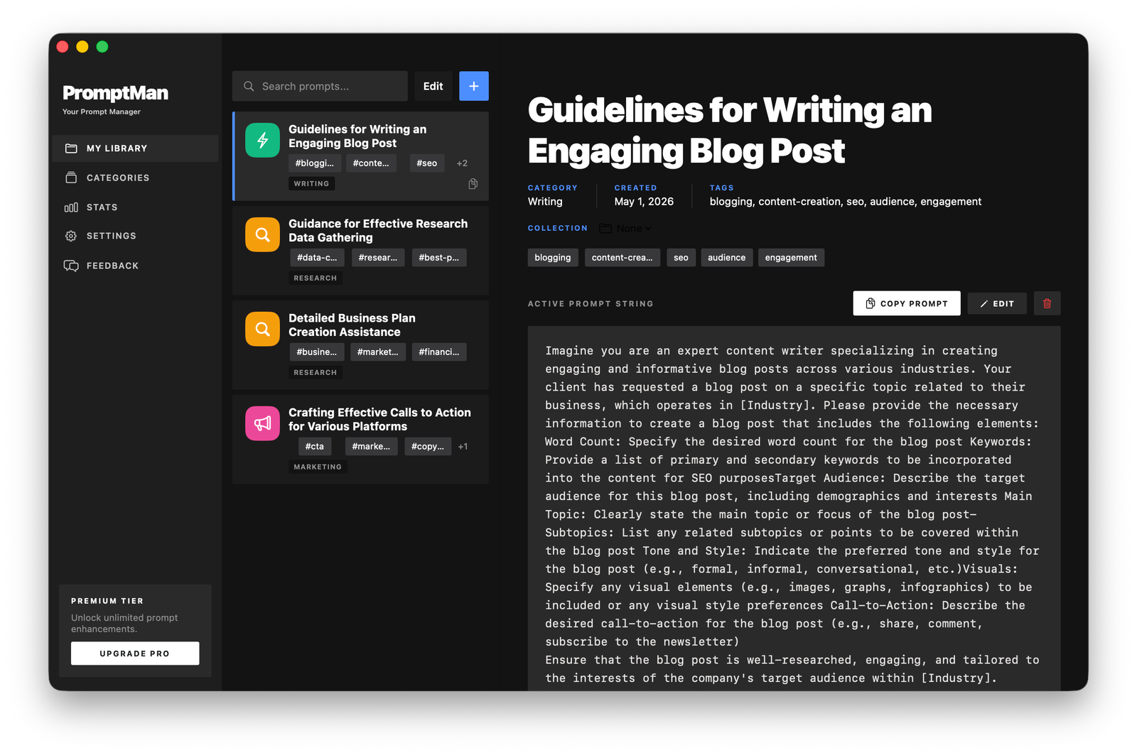 PromptMan menu bar prompt library interface