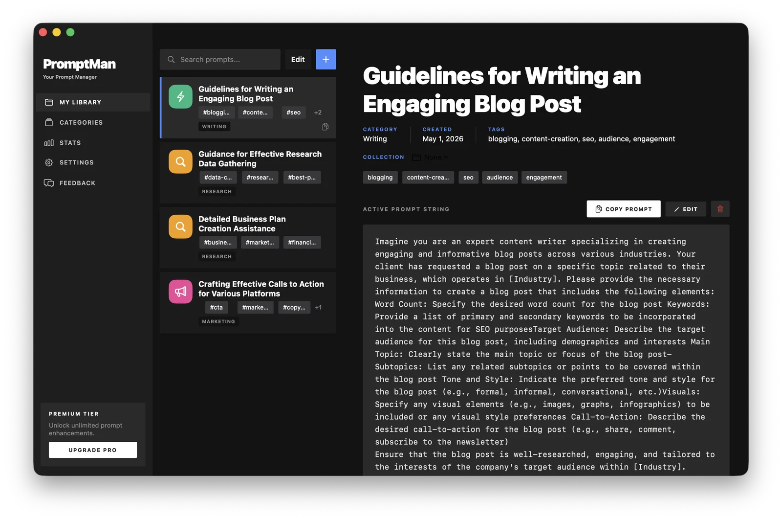 PromptMan menu bar prompt library interface
